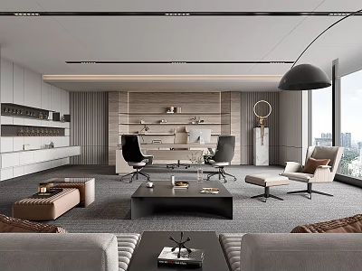 Elegant Modern Office Interior Design With Sofa Coffee Table And City View Windows 3d model