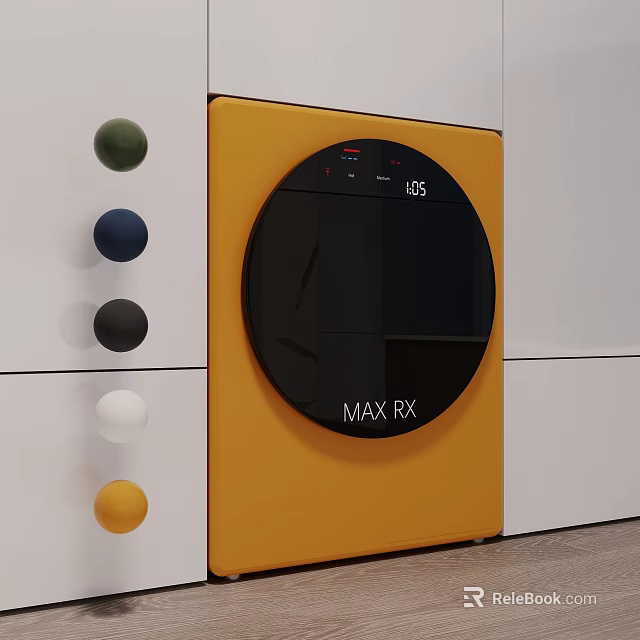 Yellow MAX RX Washing Machine with Digital Display and Colorful Round Buttons in Modern Interior 3d model 