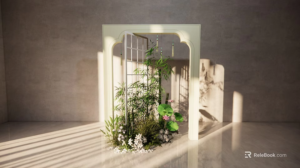 Decorative White Frame With Bamboo Plants Lotus Leaves Flowers And Light Shadows Against Gray Wall 3d model 