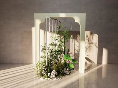 Decorative White Frame With Bamboo Plants Lotus Leaves Flowers And Light Shadows Against Gray Wall 3d model