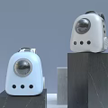 Light Blue And White Robot Style Backpacks With Circular Transparent Windows On Black Stands