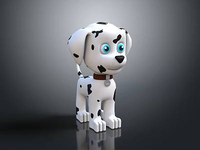Cartoon Dalmatian Toy Figure With Black Spots Blue Eyes And Brown Collar On Dark Background 3d model