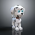 Cartoon Dalmatian Toy Figure With Black Spots Blue Eyes And Brown Collar On Dark Background
