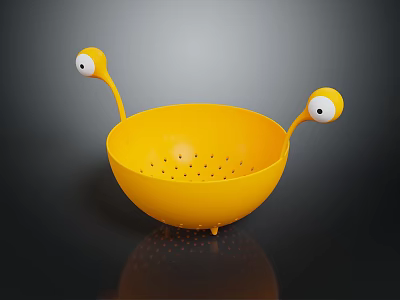 Cute Yellow Kitchenware Set With Colander Body Googly Eyes And Small Legs 3d model