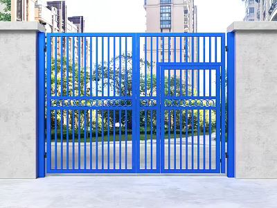 Blue Metal Gate With Railing Design And Concrete Pillars Against High Rise Buildings And Greenery 3d model