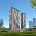 Modern High Rise Office Buildings With Glass Curtain Walls Greenery And Cars On Road