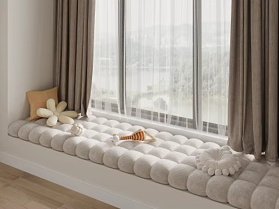 Cozy Window Seat With Plush Cushions Stuffed Toys And Scenic View 3d model