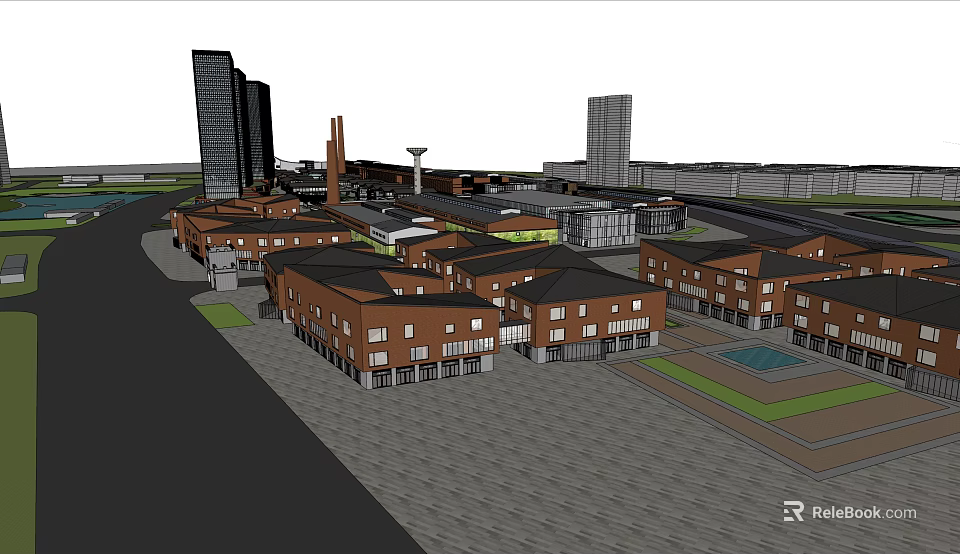 Bustling Commercial Street With Red Brick Buildings Modern High Rises And Open Plaza 3d model 