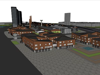 Bustling Commercial Street With Red Brick Buildings Modern High Rises And Open Plaza 3d model