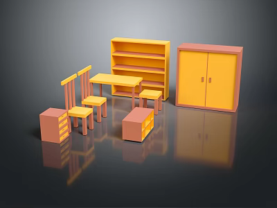 Modern Yellow Orange Console Cabinet And Side Cabinet With Table Chairs Bookshelf Home Furniture 3d model