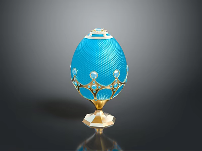 Blue Enamel Egg With Gold Ornaments And Gemstone Accents On Pedestal 3d model
