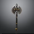 Ornate Decorative Axe With Intricate Metal Head And Gold Accent Handle