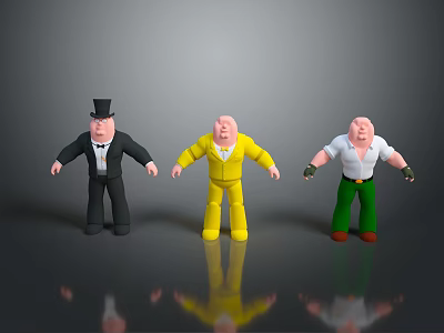 Three Cartoon Characters In Different Outfits With Black Suit Yellow Suit And Green Pants 3d model