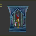 Cartoon Character in Blue Turban and Traditional Attire Standing in Blue Archway Holding Cane