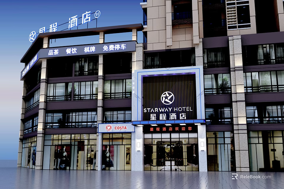 Starway Hotel Modern Building Exterior With Glass Windows And Facade Design 3d model 