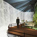 Amusement Park Waterfall Attraction with Wooden Viewing Deck Person Information Board and Light Rays
