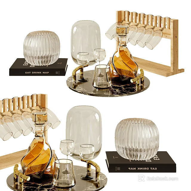 Elegant Glass Liquor Bottle And Wine Glasses On Wooden Tray With Rack 3d model 