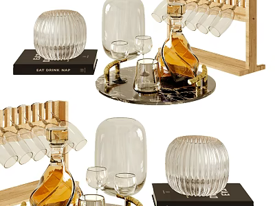 Elegant Glass Liquor Bottle And Wine Glasses On Wooden Tray With Rack 3d model