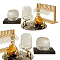 Elegant Glass Liquor Bottle And Wine Glasses On Wooden Tray With Rack