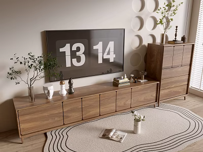 Modern Wooden Console Cabinet and Side Cabinet With Decorative Plants Decor Items and Rug 3d model