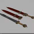 Classic Decorative Swords With Red Scabbards Brown Hilts And Metal Accents