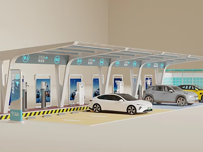 Modern EV Charging Station With Multiple Ports Covered Canopy And Various Electric Cars 3d model