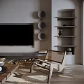 Warm Modern Dining and Living Room with Ceiling Fans Sofa Coffee Table and Decorative Painting
