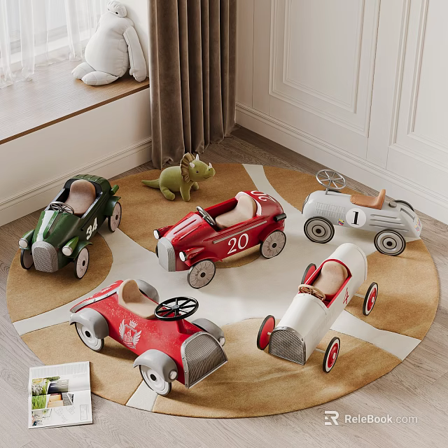 Colorful Toy Cars And Dinosaur Toy On Round Rug For Kids Play Area 3d model 