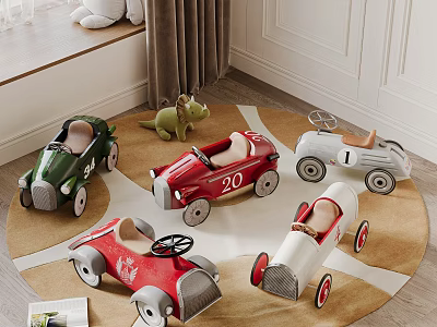 Colorful Toy Cars And Dinosaur Toy On Round Rug For Kids Play Area 3d model