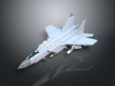 White Fighter Jet Model Built with Building Blocks Featuring Sharp Nose Wings Tail and Missiles 3d model