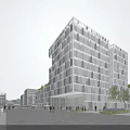 Modern Office Building With Glass Facade Surrounded By Pedestrians And Greenery Under Cloudy Sky