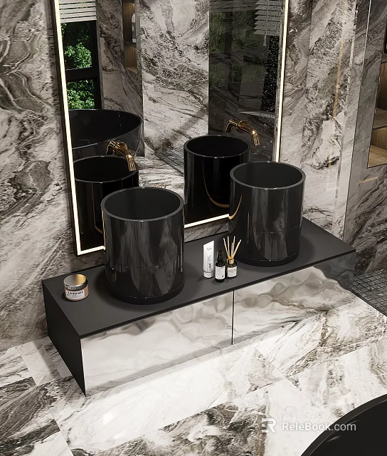 Modern Elegant Bathroom Interior With Marble Walls Black Basins Mirrors And Vanity 3d model 