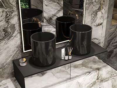 Modern Elegant Bathroom Interior With Marble Walls Black Basins Mirrors And Vanity 3d model