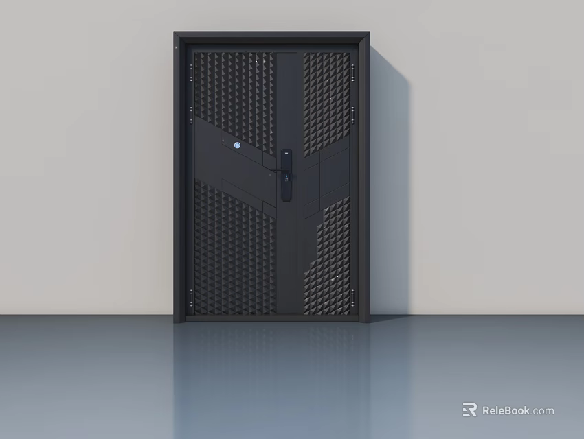 Modern Black Swing Door With Grid Pattern Textured Surface And Secure Lock 3d model 