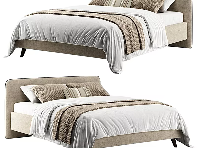 Elegant Modern Bed Design With Beige Headboard White Sheets Brown Blanket And Pillows 3d model