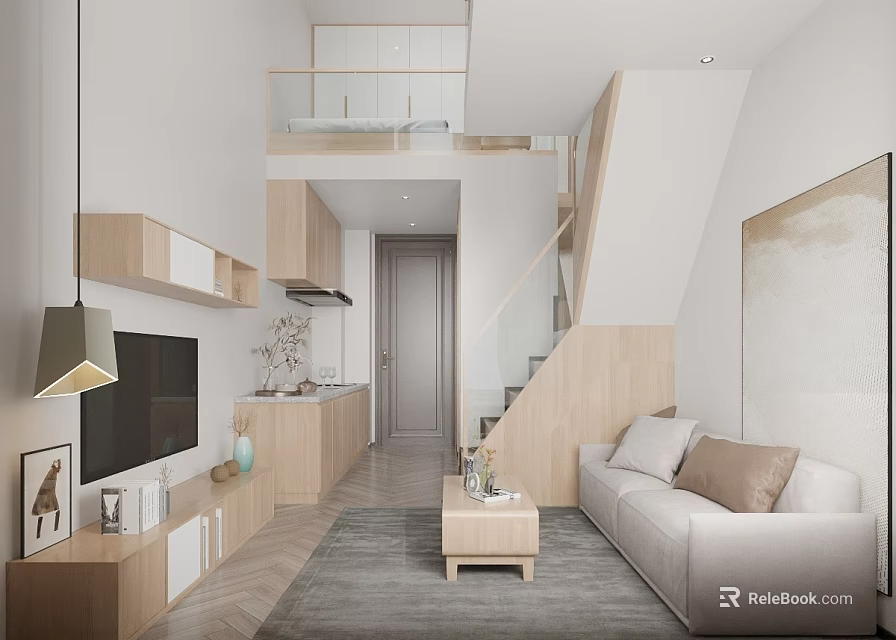 Minimalist Loft Apartment With Light Wood Furniture 3d model 