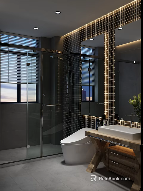 Sleek Modern Dark Tone Bathroom With Frameless Glass Shower Enclosure Smart Toilet And Wooden Vanity 3d model 