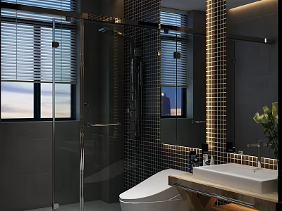 Sleek Modern Dark Tone Bathroom With Frameless Glass Shower Enclosure Smart Toilet And Wooden Vanity 3d model