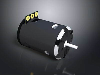 Black Cylindrical Electric Motor With White Shaft And Yellow Terminals 3d model