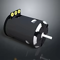 Black Cylindrical Electric Motor With White Shaft And Yellow Terminals