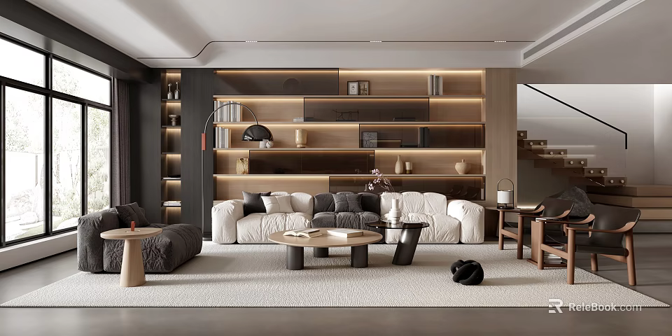 Modern Elegant Living Room Interior With White Sofa Wooden Shelves And Coffee Table 3d model 