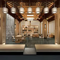 Chinese Style Hotel Lobby With Wooden Structure Lanterns Screens Sofas Coffee Table And Decorative Painting