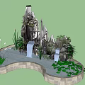 Garden Ornament With Rockery Structure Flowing Waterfall Green Plants And Circular Stone Platform