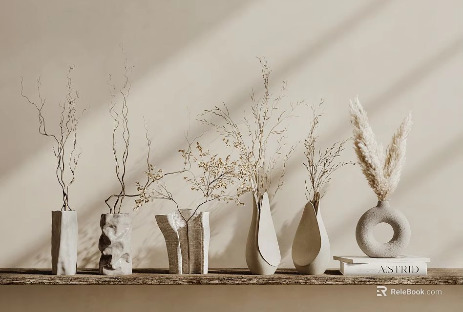 Minimalist Ceramic Vases With Dried Branches And Pampas Grass On Wooden Shelf 3d model 