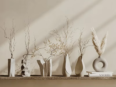 Minimalist Ceramic Vases With Dried Branches And Pampas Grass On Wooden Shelf 3d model