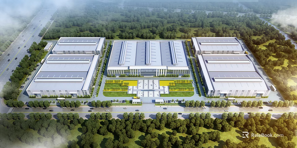 Aerial Planning of Modern Industrial Complex With Large Factories Central Green Area and Surrounding Trees 3d model 