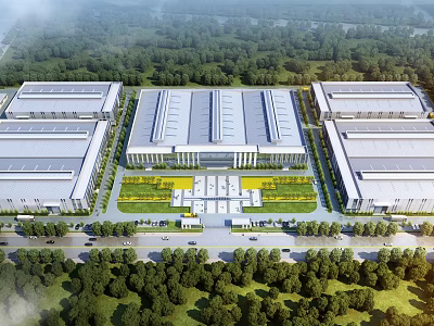 Aerial Planning of Modern Industrial Complex With Large Factories Central Green Area and Surrounding Trees 3d model
