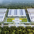 Aerial Planning of Modern Industrial Complex With Large Factories Central Green Area and Surrounding Trees
