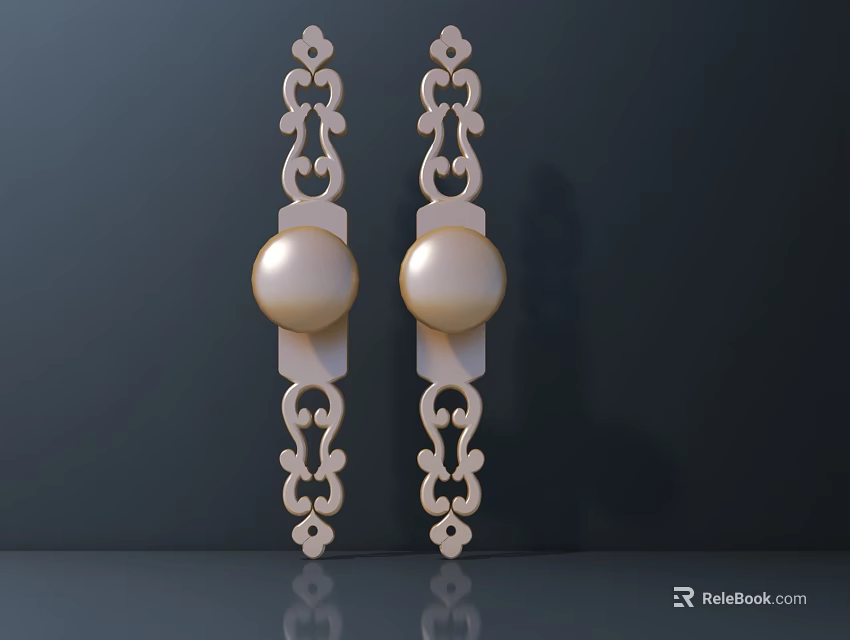 Beige Decorative Door Handles With Round Ball And Ornate Carvings On Dark Background 3d model 