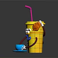 Funny Yellow Cartoon Cups With Smiling Faces Straw Fried Chicken And Small Blue Cup